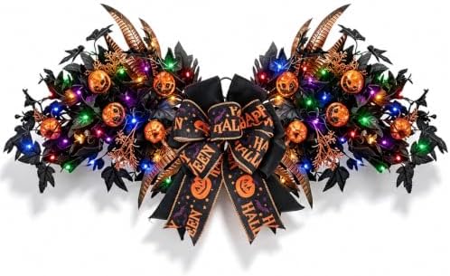 Front Door Swag Weath with LED Artificial Gothic Black Maple Glitter Evil Pumpkin Teardrop Swag with Feather