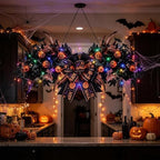 Front Door Swag Weath with LED Artificial Gothic Black Maple Glitter Evil Pumpkin Teardrop Swag with Feather, alternate view