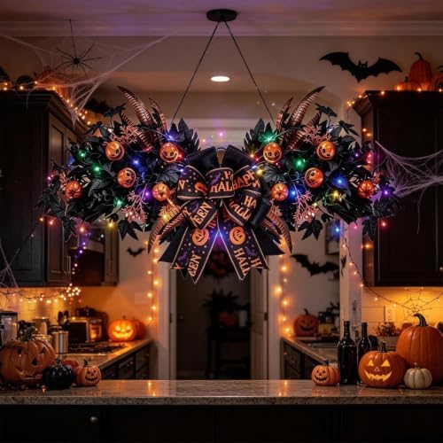 Front Door Swag Weath with LED Artificial Gothic Black Maple Glitter Evil Pumpkin Teardrop Swag with Feather, alternate view