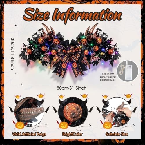 Front Door Swag Weath with LED Artificial Gothic Black Maple Glitter Evil Pumpkin Teardrop Swag with Feather, alternate view