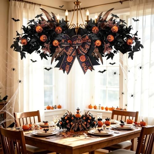 Front Door Swag Weath with LED Artificial Gothic Black Maple Glitter Evil Pumpkin Teardrop Swag with Feather, alternate view