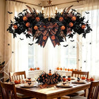 Front Door Swag Weath with LED Artificial Gothic Black Maple Glitter Evil Pumpkin Teardrop Swag with Feather, alternate view