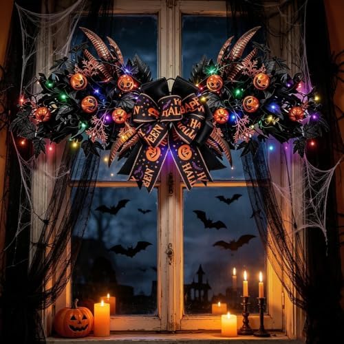 Front Door Swag Weath with LED Artificial Gothic Black Maple Glitter Evil Pumpkin Teardrop Swag with Feather, alternate view