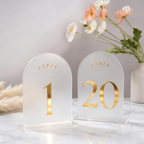 Frosted Arch Wedding Table Numbers 1-20, Gold Foil Printed 5x7 Acrylic Display Signs and Holders, Pack of 20