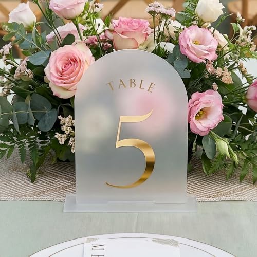 Frosted Arch Wedding Table Numbers 1-20, Gold Foil Printed 5x7 Acrylic Display Signs and Holders, Pack of 20, alternate view