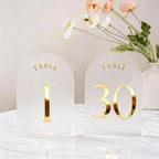 Frosted Arch Wedding Table Numbers with Stands 1-30, Gold Foil Printed 5x7 Acrylic Display Signs and Holders