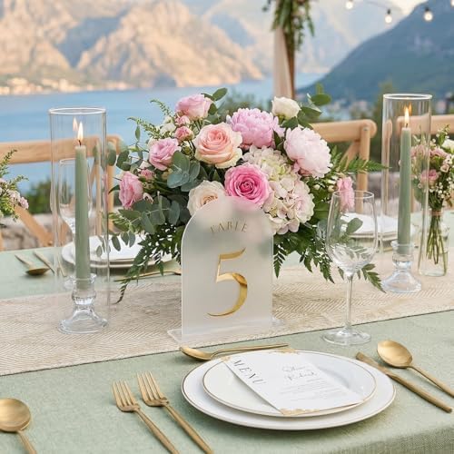 Frosted Arch Wedding Table Numbers with Stands 1-30, Gold Foil Printed 5x7 Acrylic Display Signs and Holders, alternate view