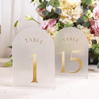 Frosted Arch Wedding Table Numbers with Stands 1-30, Gold Foil Printed 5x7 Acrylic Display Signs and Holders, alternate view