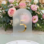 Frosted Arch Wedding Table Numbers with Stands 1-30, Gold Foil Printed 5x7 Acrylic Display Signs and Holders, alternate view