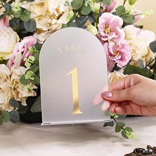 Frosted Arch Wedding Table Numbers with Stands 1-30, Gold Foil Printed 5x7 Acrylic Display Signs and Holders, alternate view