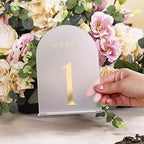 Frosted Arch Wedding Table Numbers with Stands 1-30, Gold Foil Printed 5x7 Acrylic Display Signs and Holders, alternate view