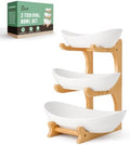 Fruit Bowl for Kitchen Counter - 3 Tier Ceramic Serving Bowls with Bamboo Stand, Tiered Fruit Basket for Fruit
