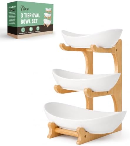 Fruit Bowl for Kitchen Counter - 3 Tier Ceramic Serving Bowls with Bamboo Stand, Tiered Fruit Basket for Fruit
