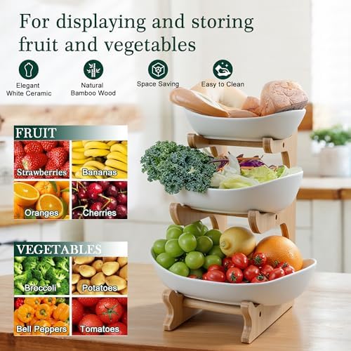 Fruit Bowl for Kitchen Counter - 3 Tier Ceramic Serving Bowls with Bamboo Stand, Tiered Fruit Basket for Fruit, alternate
