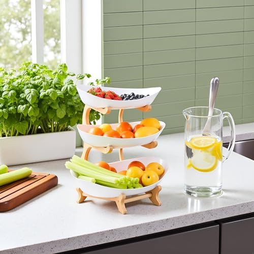Fruit Bowl for Kitchen Counter, 3 Tier Plastic Serving Bowls with Bamboo Stand, Tiered Fruit Basket for Fruits, alternate