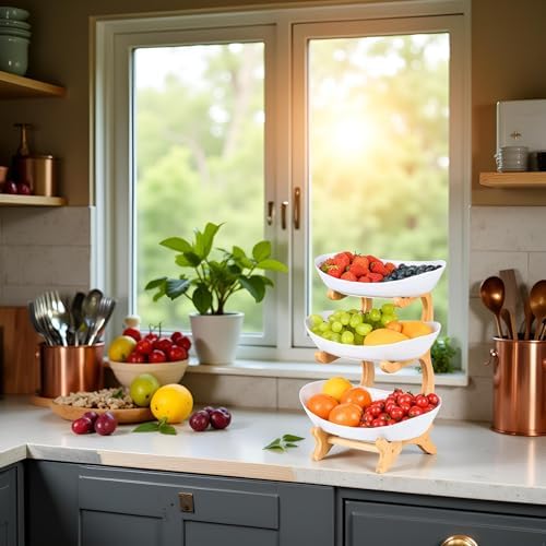 Fruit Bowl for Kitchen Counter, 3 Tier Plastic Serving Bowls with Bamboo Stand, Tiered Fruit Basket for Fruits, alternate