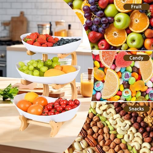 Fruit Bowl for Kitchen Counter, 3 Tier Plastic Serving Bowls with Bamboo Stand, Tiered Fruit Basket for Fruits, alternate