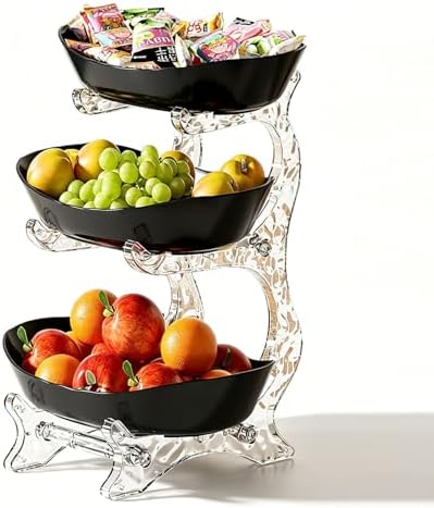 Fruit Bowl for Kitchen Counter, 3 Tier Plastic Serving Bowls with Bamboo Stand, Tiered Fruit Basket for Fruits