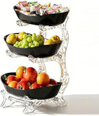 Fruit Bowl for Kitchen Counter, 3 Tier Plastic Serving Bowls with Bamboo Stand, Tiered Fruit Basket for Fruits
