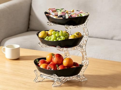 Fruit Bowl for Kitchen Counter, 3 Tier Plastic Serving Bowls with Bamboo Stand, Tiered Fruit Basket for Fruits, alternate