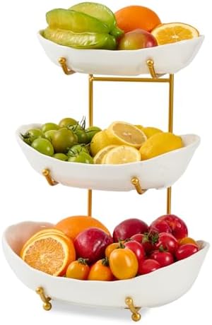 Fruit Bowl for Kitchen Counter with Gold Metal Stand in 3 tier in Gold&White