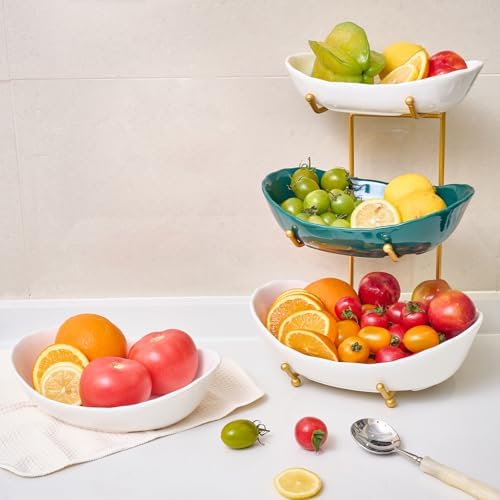 Fruit Bowl for Kitchen Counter with Gold Metal Stand in 3 tier in Gold&White, alternate view 2