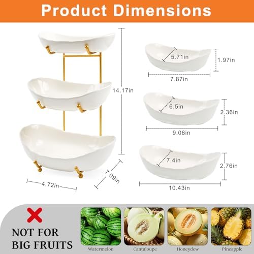 Fruit Bowl for Kitchen Counter with Gold Metal Stand in 3 tier in Gold&White, alternate view 3