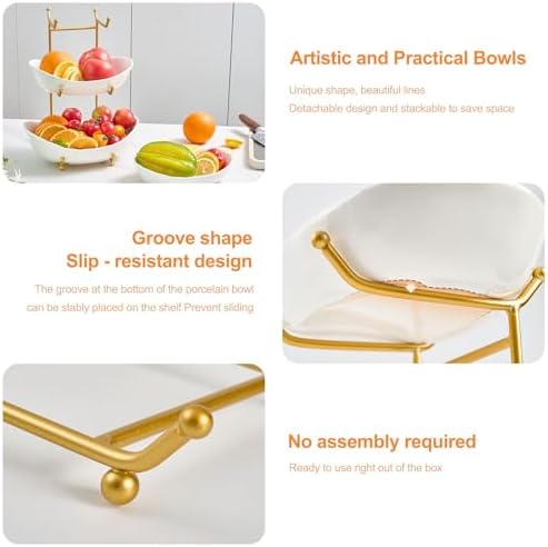 Fruit Bowl for Kitchen Counter with Gold Metal Stand in 3 tier in Gold&White, alternate view 4