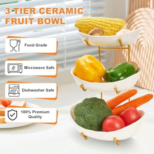 Fruit Bowl for Kitchen Counter with Gold Metal Stand in 3 tier in Gold&White, alternate view 5