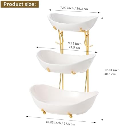 Fruit Bowls,3-Tier Ceramic Serving Bowl Set with Gold Stand in 3-tier in White And Gold, alternate view 3
