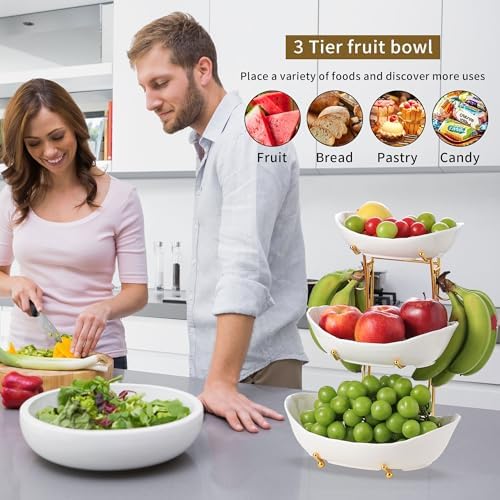 Fruit Bowls,3-Tier Ceramic Serving Bowl Set with Gold Stand in 3-tier in White And Gold, alternate view 4