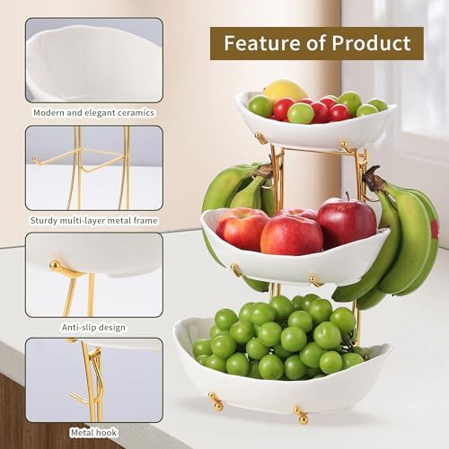 Fruit Bowls,3-Tier Ceramic Serving Bowl Set with Gold Stand in 3-tier in White And Gold, alternate view 5