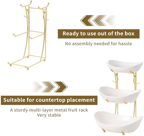 Fruit Bowls,3-Tier Ceramic Serving Bowl Set with Gold Stand in 3-tier in White And Gold, alternate view 6