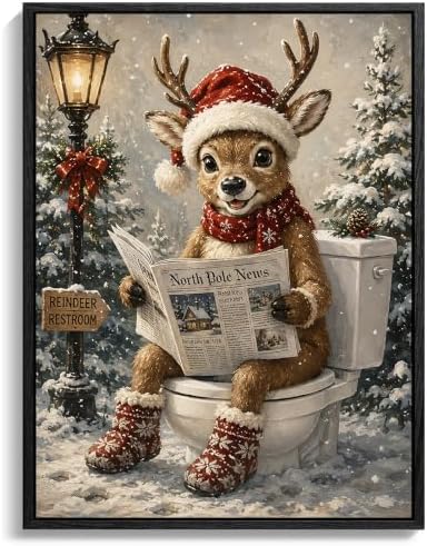 Funny Framed Christmas Bathroom Wall Art, Reindeer On Toilet Canvas Prints