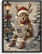 Funny Framed Christmas Bathroom Wall Art, Reindeer On Toilet Canvas Prints