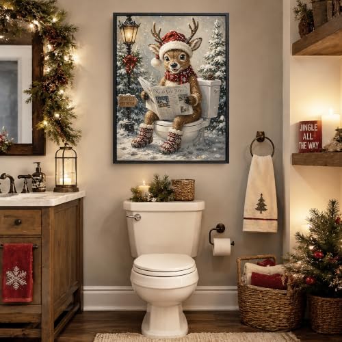 Funny Framed Christmas Bathroom Wall Art, Reindeer On Toilet Canvas Prints, alternate view 2