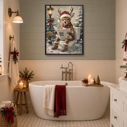 Funny Framed Christmas Bathroom Wall Art, Reindeer On Toilet Canvas Prints, alternate view 3