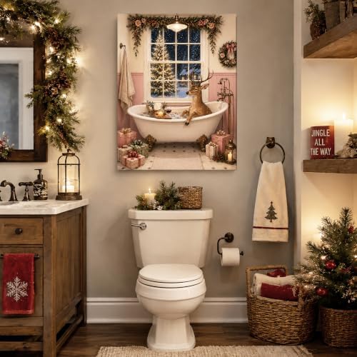 Funny Reindeer in Bathtub Canvas Wall Art, Christmas Bathroom Wall Art, alternate view 2