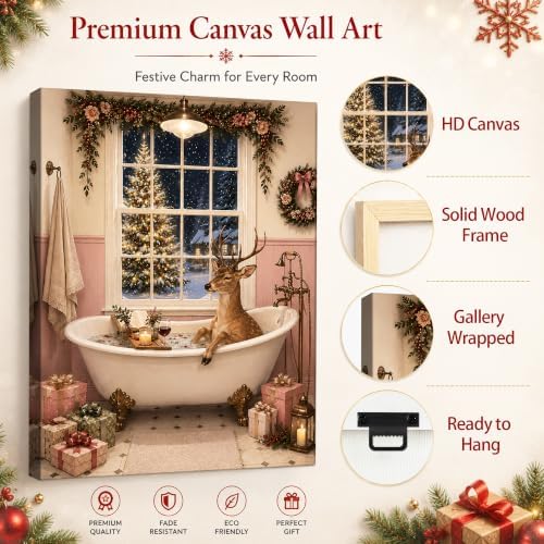 Funny Reindeer in Bathtub Canvas Wall Art, Christmas Bathroom Wall Art, alternate view 6