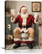 Funny Santa On Toilet Canvas Wall Art, Vintage Christmas Bathroom Wall Art