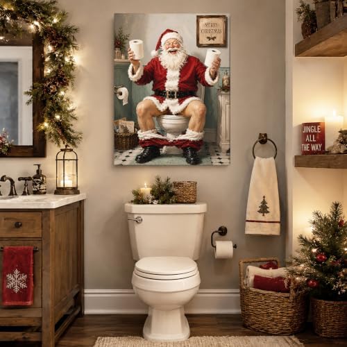 Funny Santa On Toilet Canvas Wall Art, Vintage Christmas Bathroom Wall Art, alternate view 2