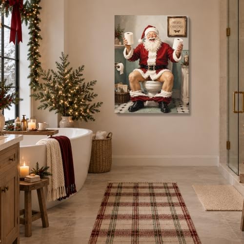Funny Santa On Toilet Canvas Wall Art, Vintage Christmas Bathroom Wall Art, alternate view 4