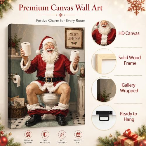Funny Santa On Toilet Canvas Wall Art, Vintage Christmas Bathroom Wall Art, alternate view 5