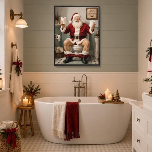 Funny Santa On Toilet Framed Wall Art, Christmas Bathroom Wall Decor, alternate view 3