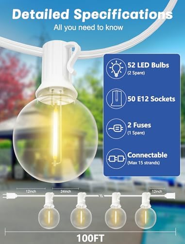 G40 Globe White String Lights Outdoor - 100FT White Patio Lights with 52 Shatterproof Dimmable LED Bulbs(2, alternate view 2