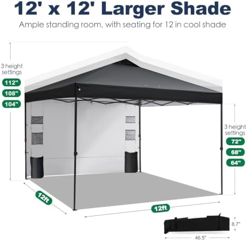 GAFETE Pop Up Canopy Tent Outdoor Sidewall One Push (Black, 12X12) in Black, alternate view 2