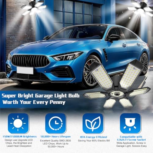 Garage Light Bulbs - Garage Lights Led Screw into Bulb Socket with 6 Deformable Panels 6500K Basement Light, alternate view 2
