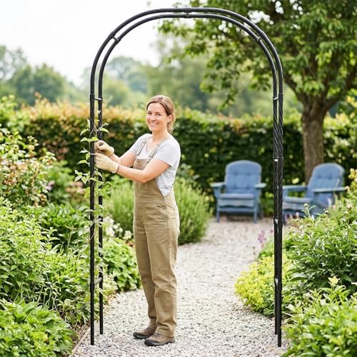 Garden Arbor Arch, Rustproof PE-Coated Metal Trellis for Climbing Plants in Black, alternate view 2