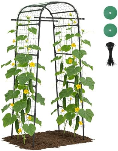 Garden Arch Cucumber Trellis, 85" Metal Arbor with Nylon Net in Black