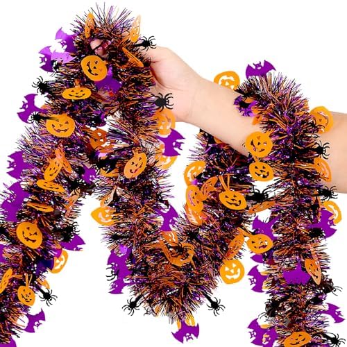 Garland Decorations,50Ft Glitter Tinsel Pumpkin Bats Spider Garland Decor for Tree Car Golf Cart Parade Float